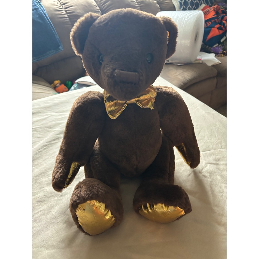 FAO Schwarz Brown Teddy Bear Gold Metallic Paws and Bow Tie Plush Stuffed Animal